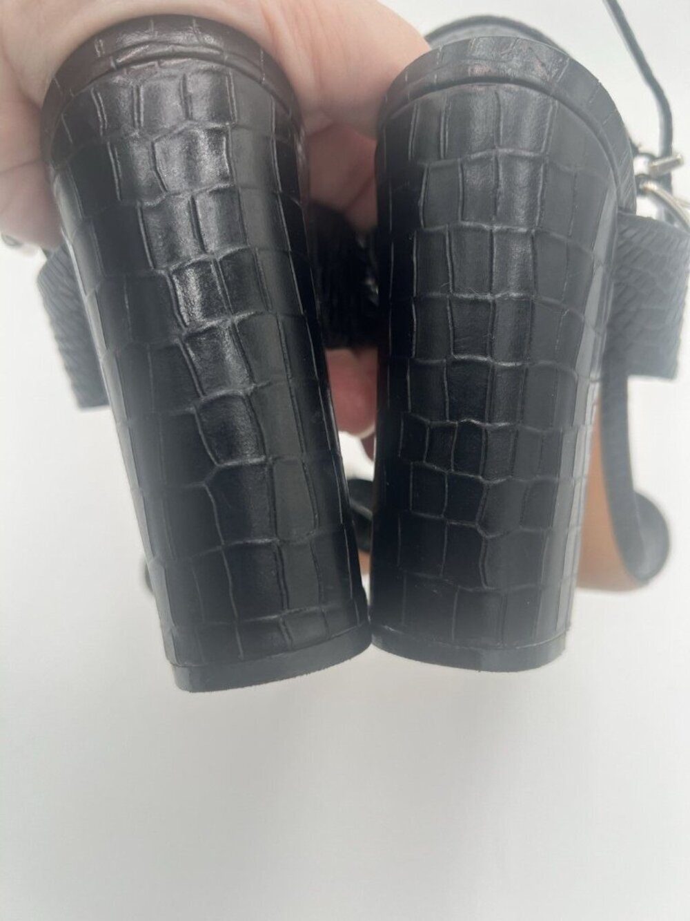 Schutz Zarita Sandals 8B Black Croc Embossed Leather Pearl Stud Slingback Heels - Picture 11 of 15